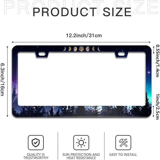 Moon Phases License Plate Frame Starry Sky License Plate Frames Aluminum Car Accessories Cover with 2 Holes and Screws 12 x 6 Inch for Front Rear Car Plate Decor for Women Men