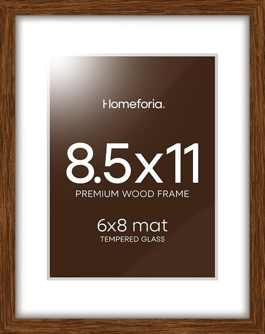 Homeforia 8.5x11 Picture Frame Brown, High End Dark Oak 8.5 x 11 Walnut Wooden Frames with Mat 6 by 8 Photo, 11x8.5 Wood Frame Matted to 6x8, Wall or Tabletop Frame, Tempered Glass, Wall Kit, Set of 1