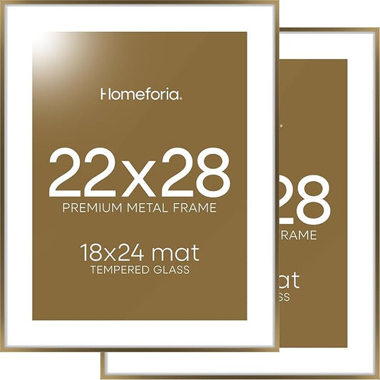 Homeforia 22x28 Picture Frame Bronze, High End Metal 22 x 28 Large Poster Frames with Mat 18 by 24 Photo, 22x28 Brass Frame Matted to 18x24 Print, 28x22 Thin Frames, Tempered Glass, Wall Kit, Set of 2