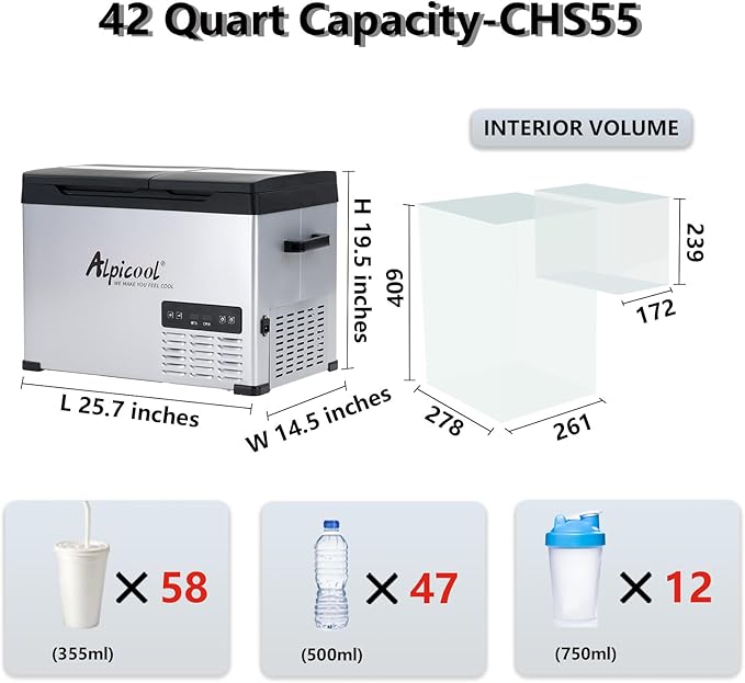 Alpicool CHS55 Dual Temperature Control 12 Volt Refrigerator 42 Quart Portable Car Fridge Freezer (-4°F~68°F) for Truck, RV, Boat, Camping and Travel
