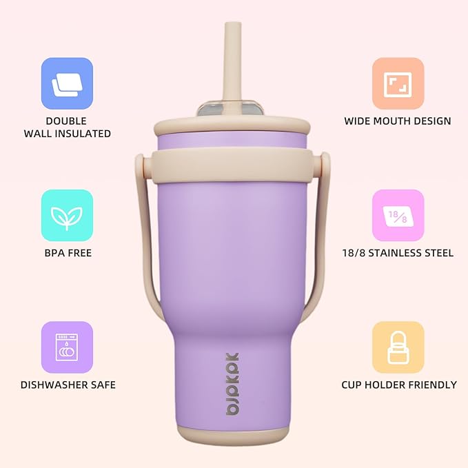 BJPKPK 30 OZ Insulated Travel Tumbler with Handle and Straw, Stainless Steel Water Bottle, Double Wall Vacuum Insulated Mug, for Work, Car, Travel, Purple