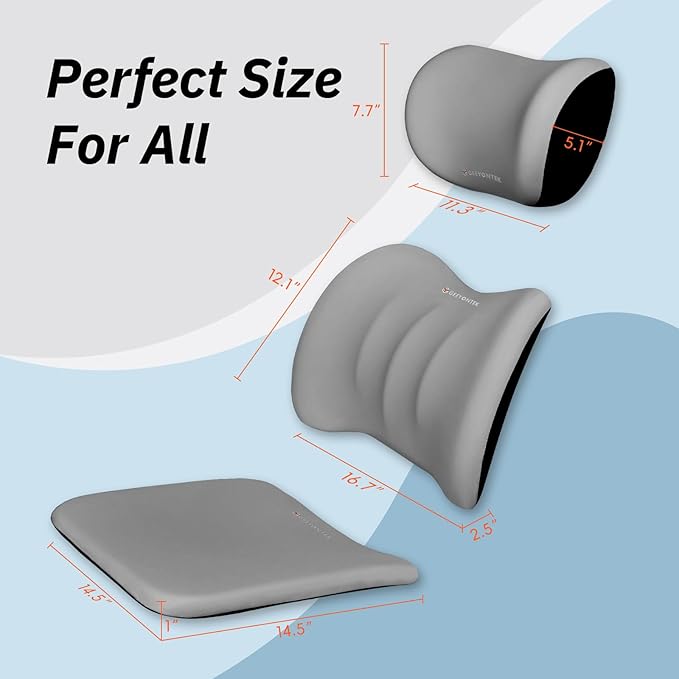 Car Seat Cushion with Neck Pillow & Lumbar Support Kit Back Sciatica Tailbone Pain Relief Car Pillows Ergonomic Memory Foam Back Support for Driving Seat Office Chair Wheelchair Grey