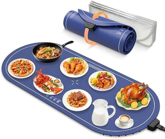 Warming Mat for Food Extra Large,Temperature Adjustable Food Warmers for Parties Buffet with Timer,Silicone Food warming trays with Heat Proof Base,Roll Up Food Heating Mat for Home & Travel(Blue)