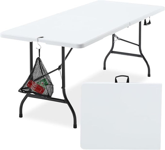 VECELO 6Ft Folding Table,Indoor Outdoor Portable Picnic Plastic Table with Mesh Trash Bag,Heavy Duty Foldable Camp Desk with Handle Legs for Dining Wedding&Party,Pearl White