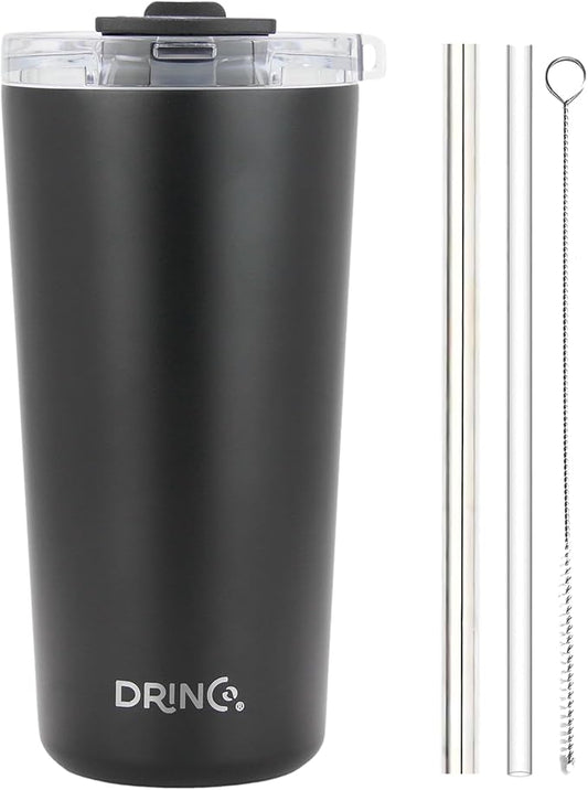 Drinco - 20 oz Stainless Steel Tumbler | Double Walled Vacuum Insulated Mug With Lid, 2 Straws, For Hot & Cold Drinks (20oz Black, 20oz)