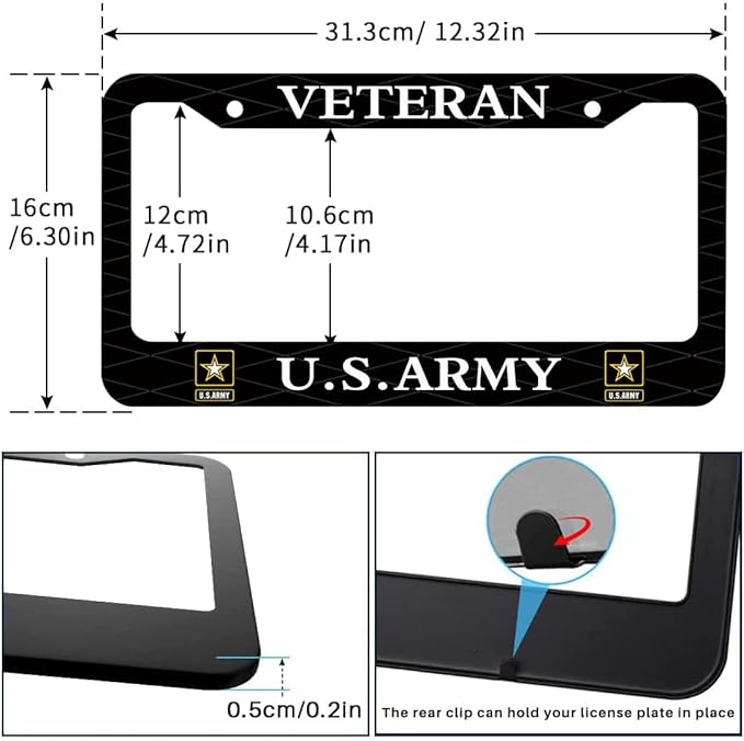 Veteran US Army Design License Plate Frame Army Decorative Stainless Steel Car License Plate Cover for Men Women Boys Girls Fans 12 X 6 Inch