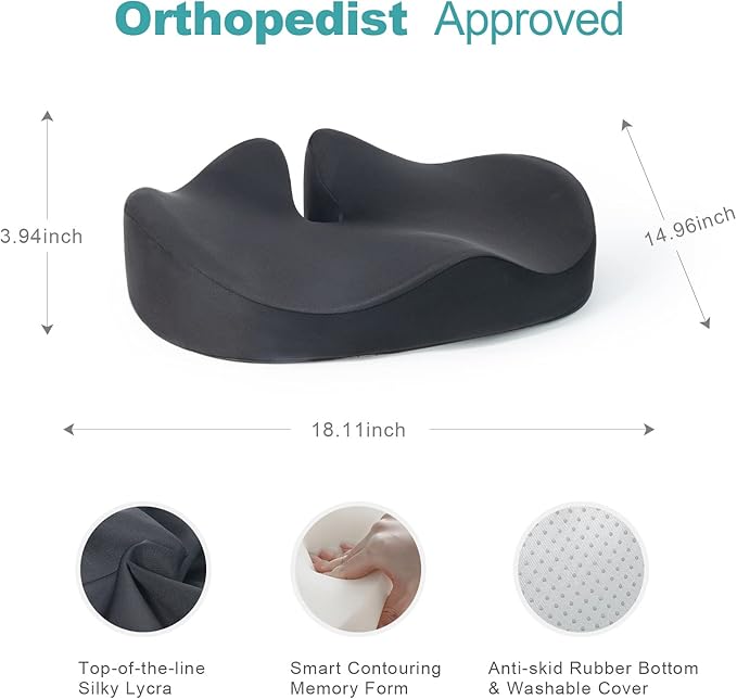 Seat Cushion for Long Sitting Hours on Office/Home Chair, Car, Wheelchair, Memory Foam Sciatica Pain Relief Pillow, Seat Cushion for Hip, Tailbone, Coccyx Pain, Black