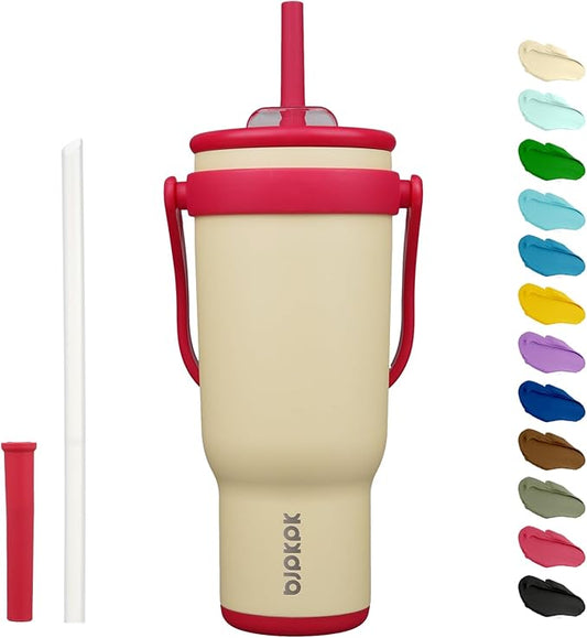 BJPKPK 40 OZ Insulated Travel Tumbler with Handle and Straw, Stainless Steel Water Bottle, Double Wall Vacuum Insulated Mug, for Work, Car, Travel, Cream
