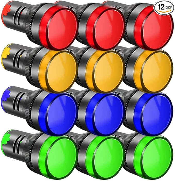 12pcs 22mm AC/DC 12-24V 20mALED Power Indicator, LED Pilot Signal Light Panel Indicator, LED Flash Light (Red/Yellow/Blue/Green, Each Color 3pcs)