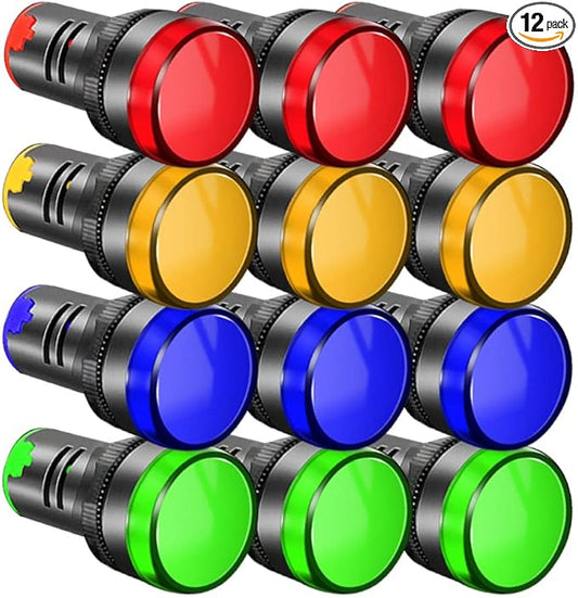 12pcs 22mm AC/DC 12-24V 20mALED Power Indicator, LED Pilot Signal Light Panel Indicator, LED Flash Light (Red/Yellow/Blue/Green, Each Color 3pcs)