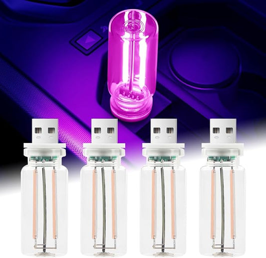4Pcs Car USB Night Light, Touch Adjustment LED Ambient Lighting Plug in USB Automotive Night Lamps, Mini LED Bulb for Car, Camping, Holiday, Decoration, Bedroom, Party(Purple)