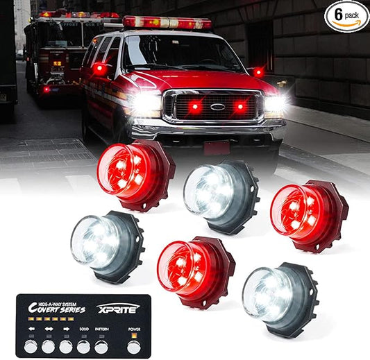 Xprite White Red LED Hideaway Strobe Lights Kit, 20 Flashing Patterns w/Control Panel Headlights Taillights Fog Light Interior Mounting, for Emergency Vehicles Firefighter Cars Trucks SUV 6PCS