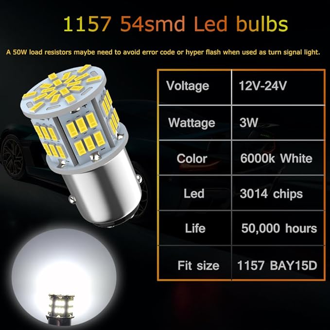 1157 Led Brake Light Bulb, 12V-24V 1157 7528 2357 2057 BAY15D LED Replacement Light Bulb for Brake Tail Light for Car RV Trailer Boat, 54SMD 3014 Chipset White light, 4PCS