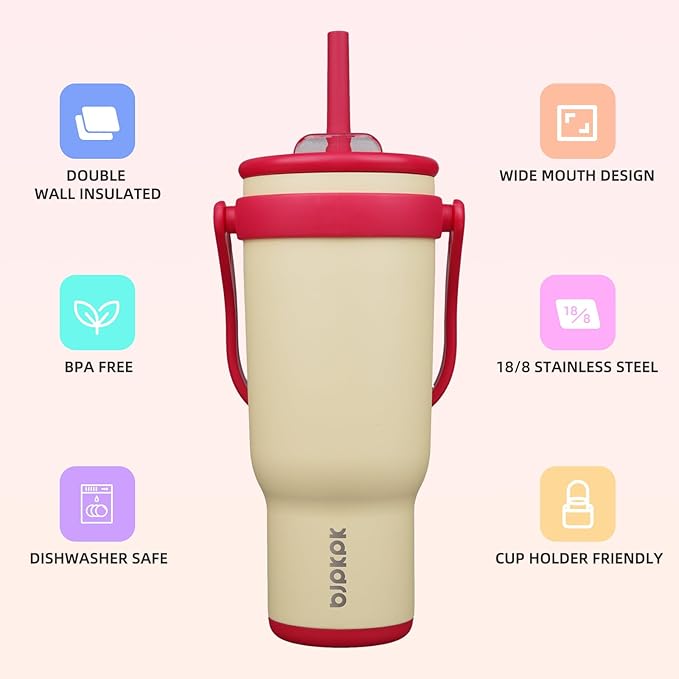 BJPKPK 40 OZ Insulated Travel Tumbler with Handle and Straw, Stainless Steel Water Bottle, Double Wall Vacuum Insulated Mug, for Work, Car, Travel, Cream