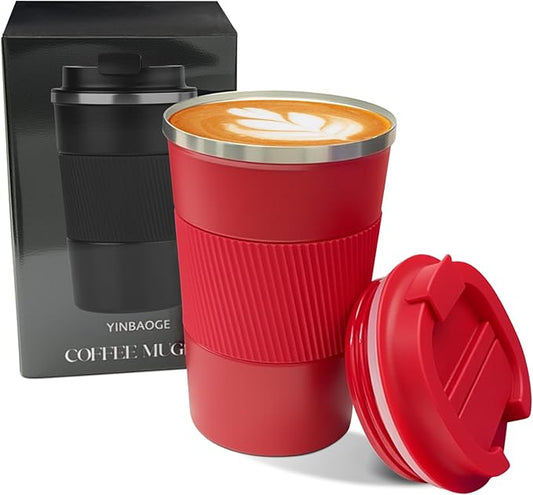 YINBAOGE Insulated Travel Coffee Mug, Spill & Leak Proof, Portable To Go Camping Stainless Steel Coffee Tumbler, Reusable Thermal Coffee Cup with Lid for Hot & Cold Drinks (Red, 12 OZ)