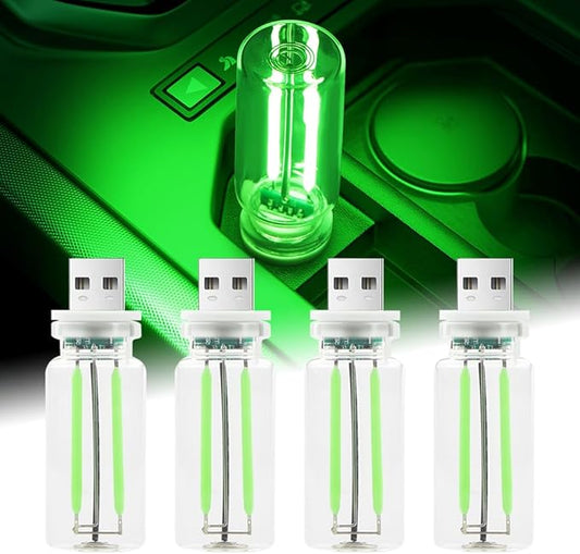 4Pcs Car USB Night Light, Touch Adjustment LED Ambient Lighting Plug in USB Automotive Night Lamps, Mini LED Bulb for Car, Camping, Holiday, Decoration, Bedroom, Party(Green)