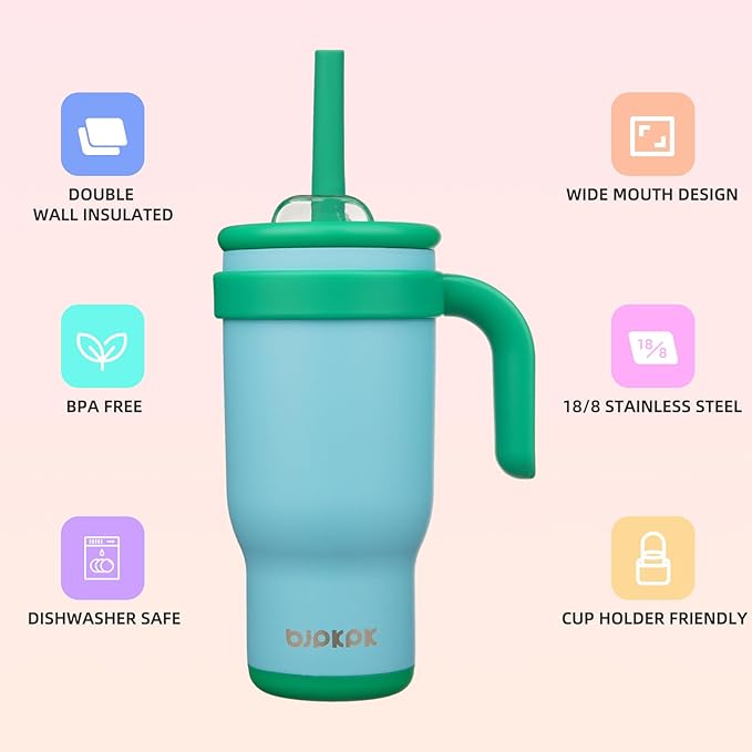 BJPKPK 18 OZ Insulated Travel Tumbler with Handle and Straw, Stainless Steel Water Bottle, Double Wall Vacuum Insulated Mug, for Work, Car, Travel, Ice Blue