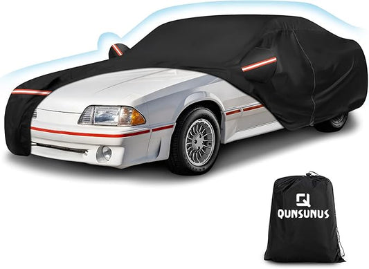 QUNSUNUS Waterproof Car Cover for Ford Mustang 1979-1993, Outdoor Car Covers with Zipper, All Weather Full Exterior Cover with Straps and Elastic Edges for Wind, Sun, UV and Dust Protection