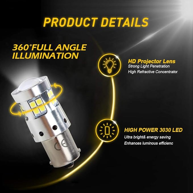 1156 LED Bulbs Ba15s P21w 5008 7506 LED Light Bulbs Replacement 1500 Lumens, With Projector Lens. for Backup Reverse Light Bulb Tail Light 6000K White, 2-Pack.