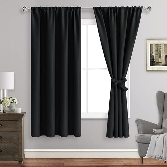 JIUZHEN Blackout Curtains for Bedroom - Thermal Insulated Room Darkening Rod Pocket Curtains for Living Room, Set of 2 Panels with Tiebacks, 38 x 72 Inch Length, Black