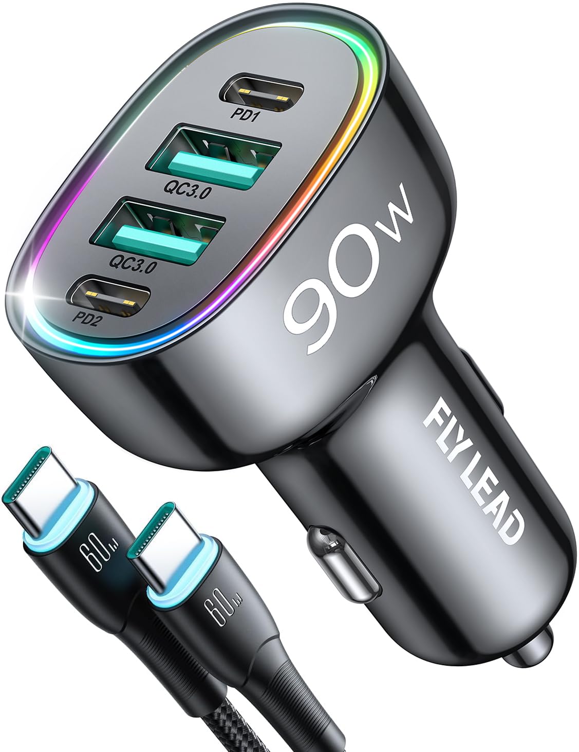 Car Charger USB C 90W 4-Port Car Phone Charger Compatible with iPhone 16/15/14/13/12 Pro Max Plus [A Must for Family Travel] Super Fast Charging Cigarette Lighter Adapter Port