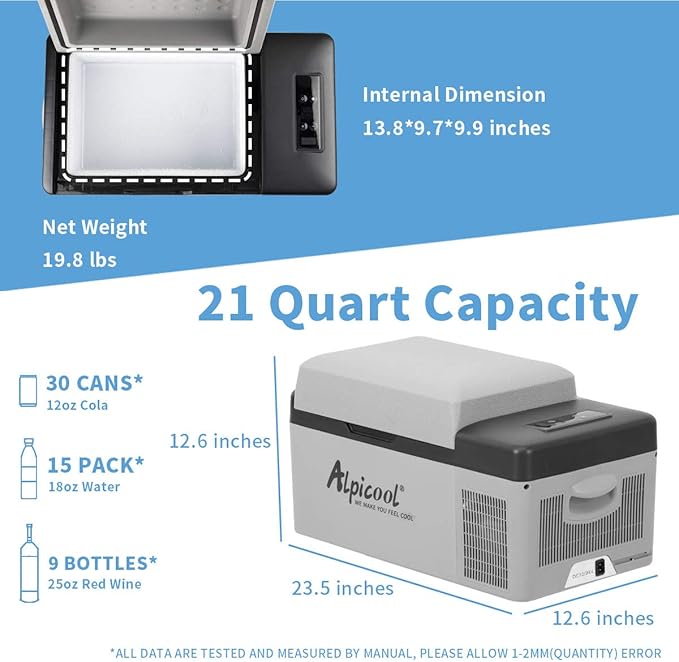 Alpicool C20 portable compressor fridge freezer 21Quart(20Liter) for car and home - 12V/24V DC and 110V AC