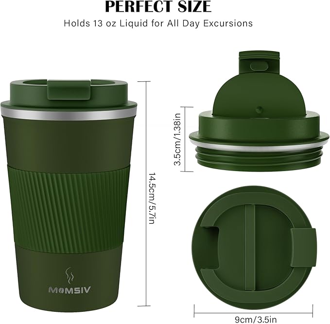 MOMSIV 12oz Travel Mug, Insulated Coffee Cup with Leakproof Lid, Vacuum Stainless Steel Double Walled Reusable Tumbler for Hot and Cold Water Coffee and Tea In Travel and Car Armygreen 380ML