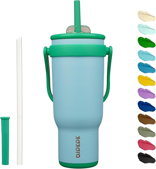 BJPKPK 40 OZ Insulated Travel Tumbler with Handle and Straw, Stainless Steel Water Bottle, Double Wall Vacuum Insulated Mug, for Work, Car, Travel, Ice Blue