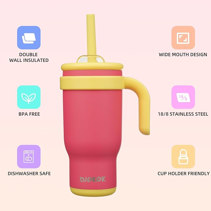 BJPKPK 18 OZ Insulated Travel Tumbler with Handle and Straw, Stainless Steel Water Bottle, Double Wall Vacuum Insulated Mug, for Work, Car, Travel, Rose Pink