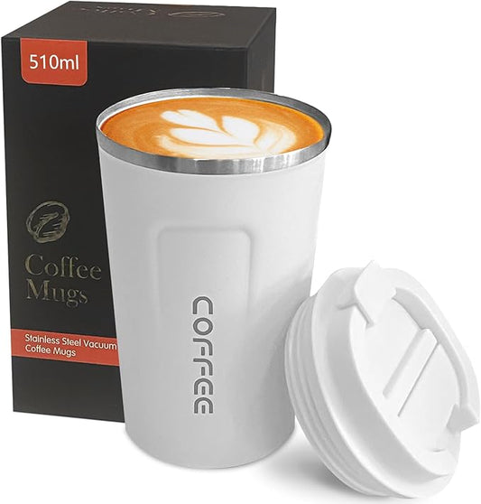YINBAOGE Insulated Travel Coffee Mug, Spill & Leak Proof, Portable To Go Camping Stainless Steel Coffee Tumbler, Reusable Thermal Coffee Cup with Lid for Hot & Cold Drinks (2nd-White, 17 OZ)