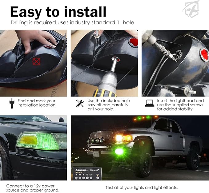 Xprite Amber Green LED Hideaway Strobe Lights Kit 20 Flashing Patterns w/Control Panel Headlights Taillights Fog Marker Light Mounting, for Roadside Emergency Vehicles Trucks SUV Vans 12V Cars 4 PCs