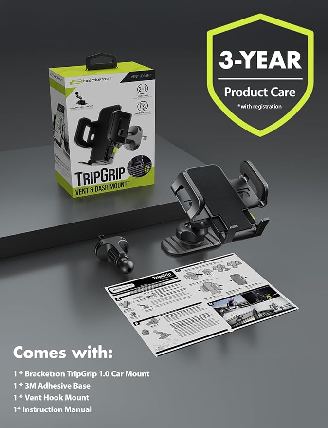 Bracketron Car Phone Holder, TripGrip Phone Mount for Car Dashboard & Air Vent, 360 Rotation One-Hand Release Car Cell Phone Holder for iPhone, Samsung, Androids.
