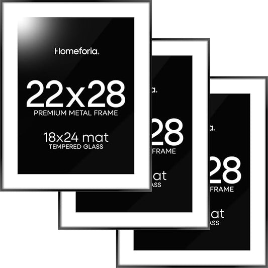 Homeforia 22x28 Poster Frame Black, High End Metal 22 x 28 Large Picture Frames with Mat 18 x 24 for Photo, 22x28 Thin Frame Matted to 18x24 inch Print, 28x22 Frame, Tempered Glass, Wall Kit, Set of 3