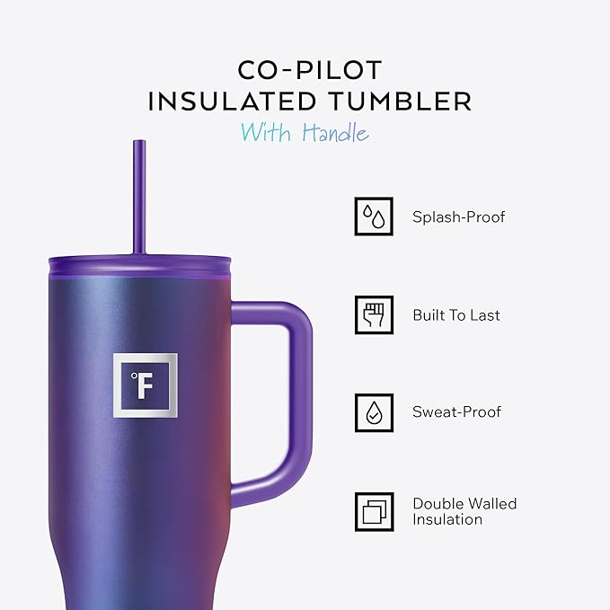 IRON °FLASK Co-Pilot Insulated Mug w/Straw & Flip Cap Lids - Cup Holder Bottle for Hot, Cold Drink - Leak-Proof- Water, Coffee Portable Travel Tumbler - Dark Pine Speckle, 40 Oz