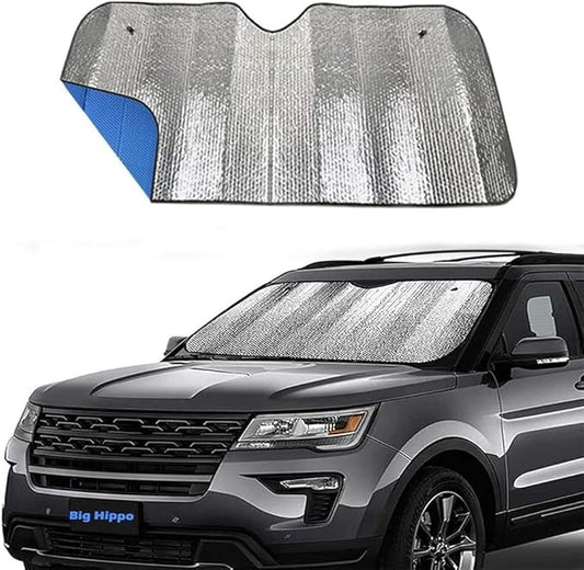 Big Hippo Car Windshield Sun Shade UV Rays Sun Visor Shade,Auto Front Car Window Shades Protector Folded Sun Shield Shade,Keeps Vehicle Cool - Blue (Size: 55.16"X 27.5")