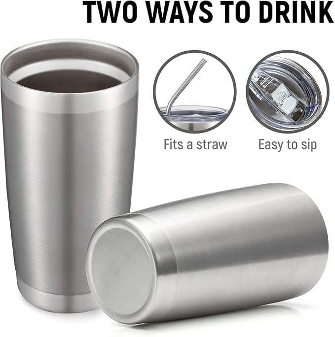 COMOOO 20oz Stainless Steel Tumbler Bulk Double Wall Vacuum Coffee Cup Insulated Travel Mug with Lid and Straw Durable Powder Coated Insulated Coffee Cup for Cold & Hot Drinks (silver, 8 pack
