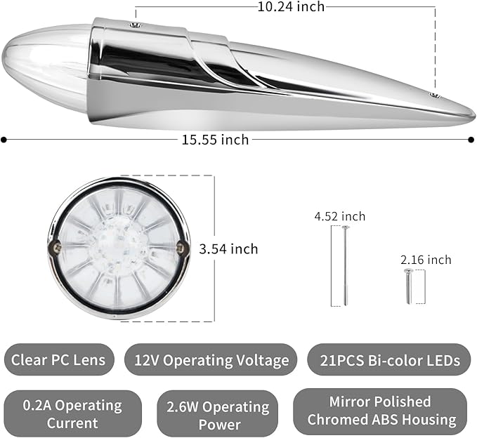 1PC 21 LED Dual Color Cab Marker Light, Clear Lens Chrome Torpedo Cab Marker Roof Running Top Lights, Replacement for Heavy Duty Trucks Kenworth Freightliner Peterbilt International Mack, Amber/Green