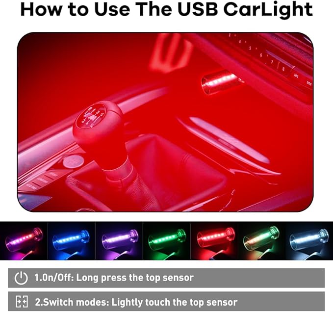 14 in 1 Modes Car USB Night Light, 7 Colors Touch Adjustment LED Interior Night Lighting Plug in USB Mini Ambient Lamps for Car, Camping, Holiday Decoration, Bedroom, Party(2Pcs)