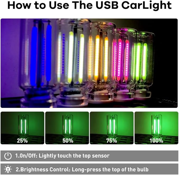 4Pcs Car USB Night Light, Touch Adjustment LED Ambient Lighting Plug in USB Automotive Night Lamps, Mini LED Bulb for Car, Camping, Holiday, Decoration, Bedroom, Party(Green)