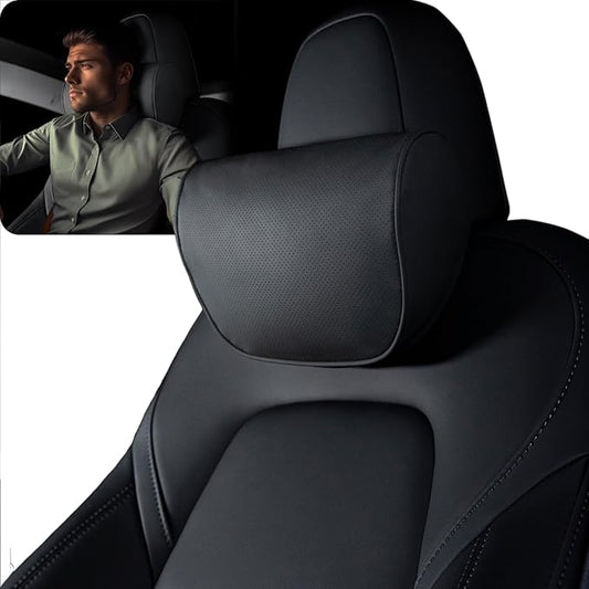 HOPON Headrest Pillow for Tesla Model 3 Model Y with Adjustable Strap,Tesla Neck Pillow with Leather,for Head,Neck,Shoulders,Multipurpose,Tesla Accessories 1 Pack (Black)