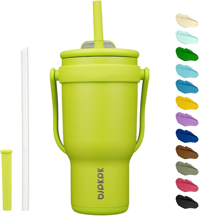 BJPKPK 30 OZ Insulated Travel Tumbler with Handle and Straw, Stainless Steel Water Bottle, Double Wall Vacuum Insulated Mug, for Work, Car, Travel, Bright Green