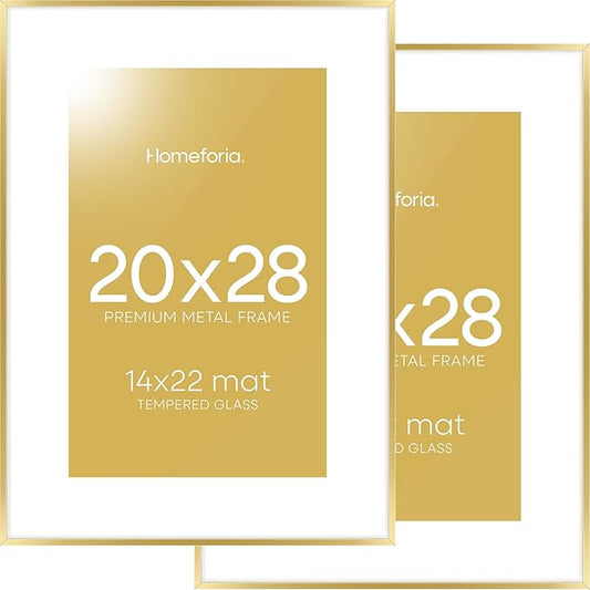 Homeforia 20x28 Picture Frame Gold, High End Metal 20 x 28 Poster Frames with Mat 14 by 22 Photo, 20x28 Gold Frame Matted to 14x22 Print, 28x20 Large Hanging Frames, Tempered Glass, Wall Kit, Set of 2