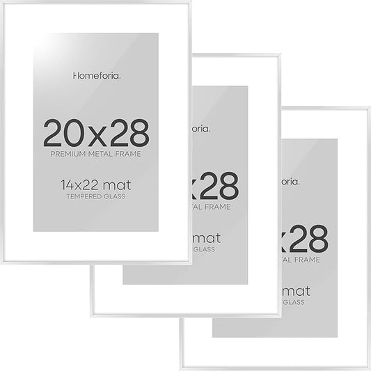 Homeforia 20x28 Picture Frame Silver, High End Metal 20 x 28 Poster Frame with Mat 14 x 22 for Photo, 20x28 Silver Frames Matted to 14x22 Print, 28x20 Hanging Frame, Tempered Glass, Wall Kit, Set of 3