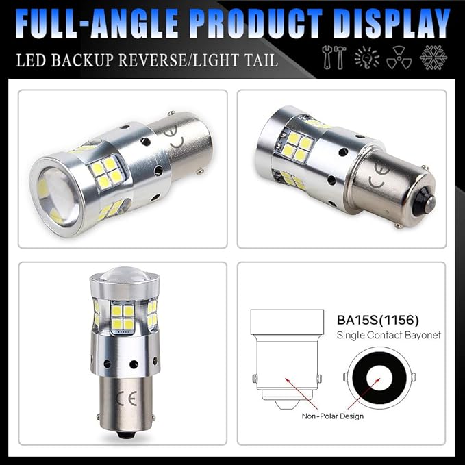 1156 LED Bulbs Ba15s P21w 5008 7506 LED Light Bulbs Replacement 1500 Lumens, With Projector Lens. for Backup Reverse Light Bulb Tail Light 6000K White, 2-Pack.