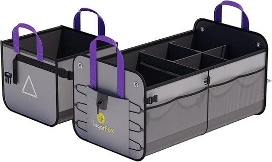 Large Capacity Trunk Organizer for Car & SUV – Waterproof with 8 Mesh Pockets, collapsible & Adjustable compartments, 84L Durable Storage with Non-Slip Base, Gray - M313