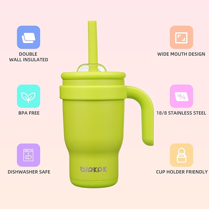 BJPKPK 14 OZ Insulated Travel Tumbler with Handle and Straw, Stainless Steel Water Bottle, Double Wall Vacuum Insulated Mug, for Work, Car, Travel, Bright Green