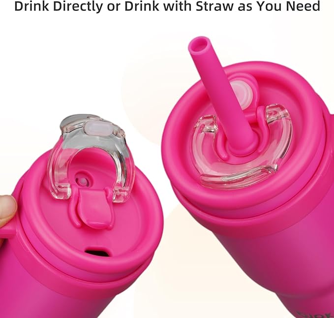 BJPKPK 18 OZ Insulated Travel Tumbler with Handle and Straw, Stainless Steel Water Bottle, Double Wall Vacuum Insulated Mug, for Work, Car, Travel, Rose Red