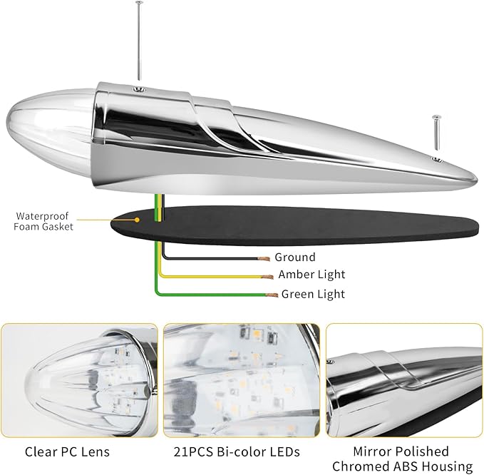 1PC 21 LED Dual Color Cab Marker Light, Clear Lens Chrome Torpedo Cab Marker Roof Running Top Lights, Replacement for Heavy Duty Trucks Kenworth Freightliner Peterbilt International Mack, Amber/Green