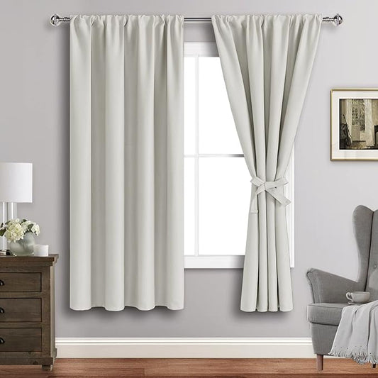 JIUZHEN Blackout Curtains for Bedroom - Thermal Insulated Room Darkening Rod Pocket Curtains for Living Room, Set of 2 Panels with Tiebacks, 38 x 63 Inch Length, Ivory