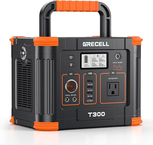 GRECELL Portable Power Station 300W (Peak 600W),GRECELL 288Wh Solar Generator with 60W USB-C PD Output, 110V Pure Sine Wave AC Outlet Backup Lithium Battery for Outdoors Camping Travel RVs